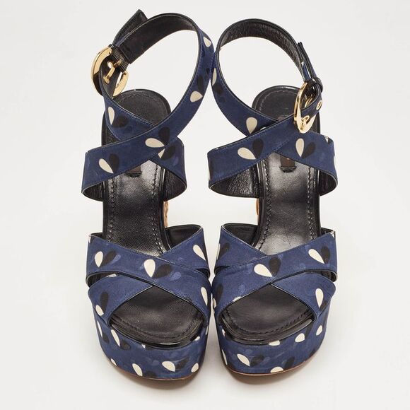 Louis Vuitton Navy Blue Printed Fabric Espadrille Wedge Ankle Wrap Sandals - Picture 3 of 4